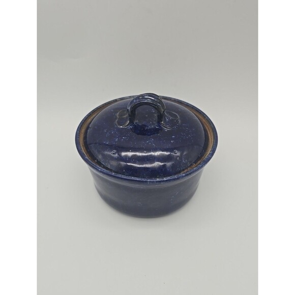 Vintage Stoneware Speckled Cobalt Blue Hand Made Sugar Bowl Signed by Artist - Picture 10 of 10